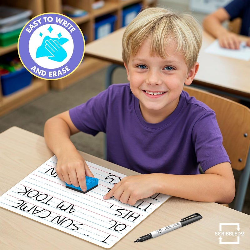 Scribbledo 10 Pack Double Sided Whiteboards Lined Dry Erase Board for Kids Ruled Writing Board Handwriting Practice for Kids Small White Board Dry Erase Boards Lines 9x12 Student 10 Dry Erase Markers - Image 5